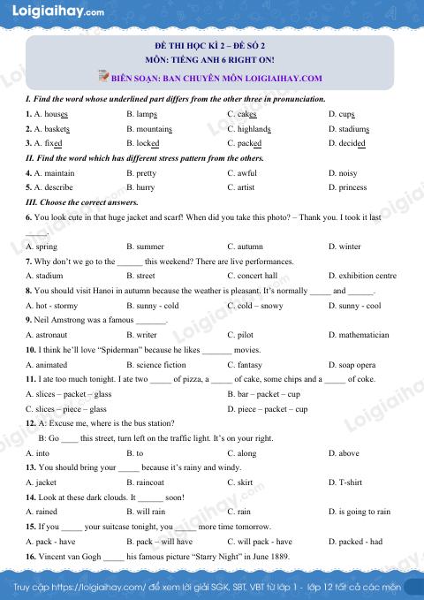 Đề thi học kì 2 Tiếng Anh 6 Right on! - Đề số 2